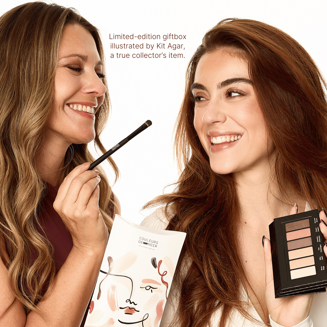 Two women holding makeup products with a limited-edition giftbox in the background
