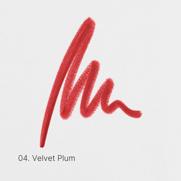 Red lipstick swatch labeled '04. Velvet Plum' on a light gray background