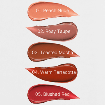 Five swatches of lipstick in different colors with labels on a light gray background