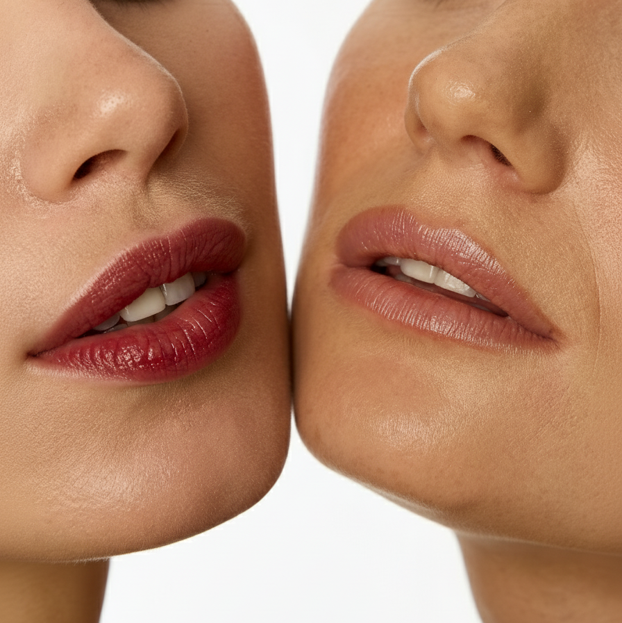 Close-up of two women's lips with a neutral background