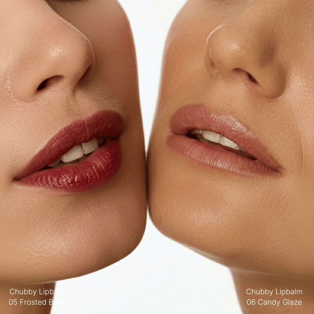 Close-up of two lips wearing different shades of lip balm with brand names.