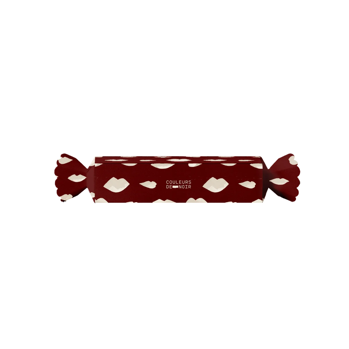 Red wrapped candy with white accents and 'COULEURS DE NOIR' branding on a white background