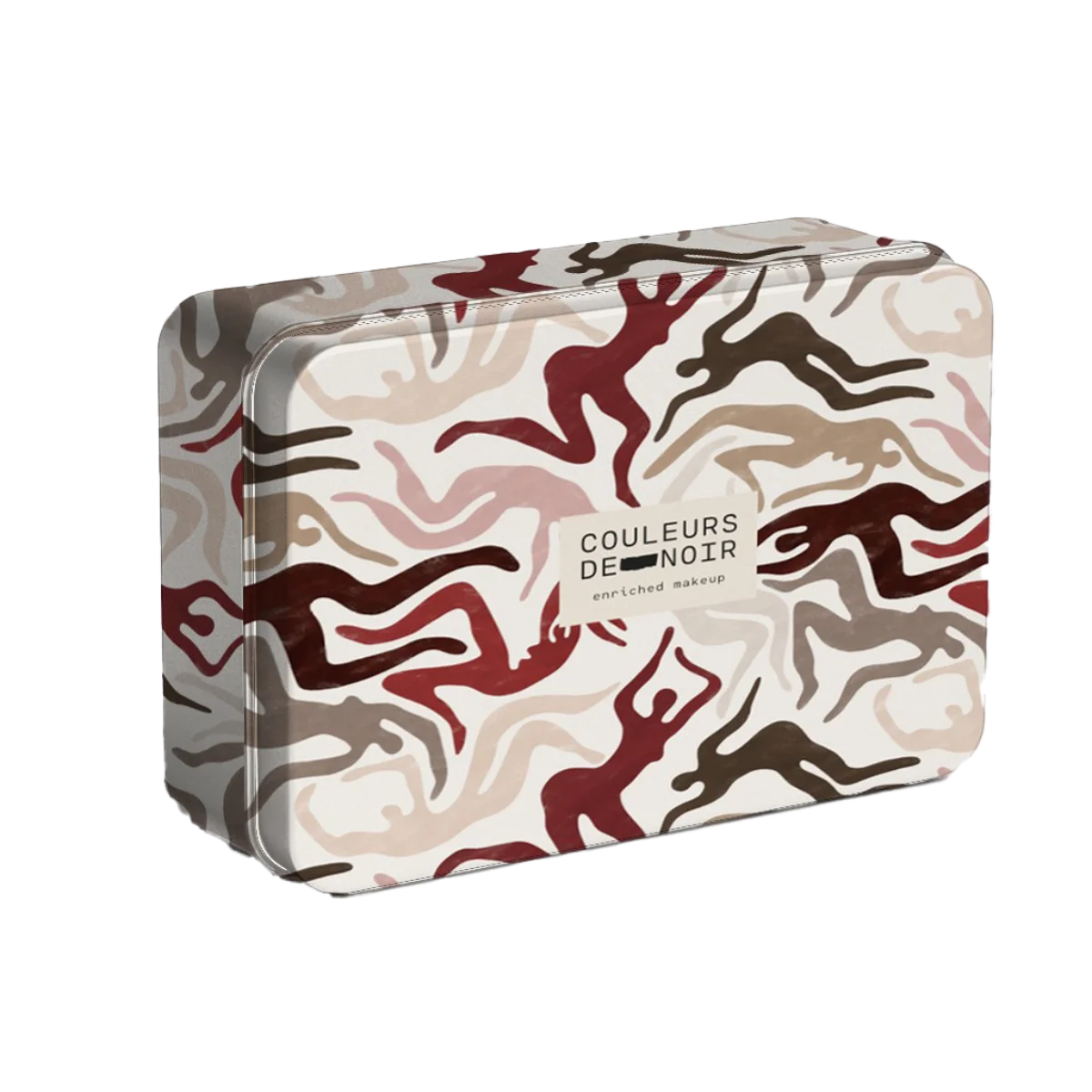 Makeup tin with abstract animal pattern and 'Couleurs de Noir' branding on a white background